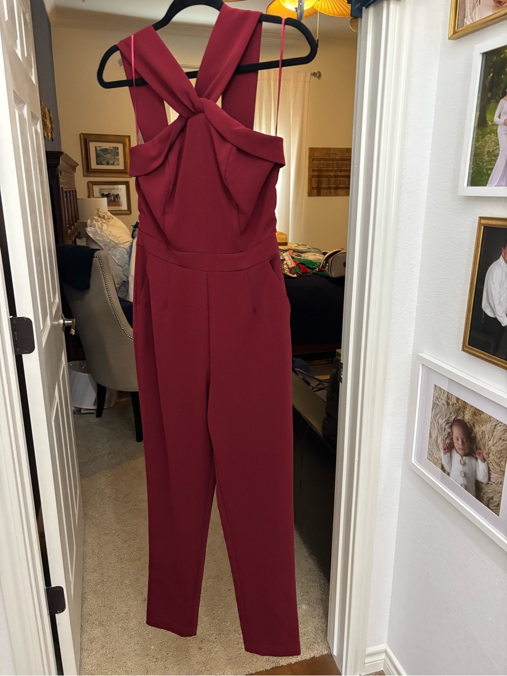 Adelyn Rae Twist-Back Burgundy Jumpsuit